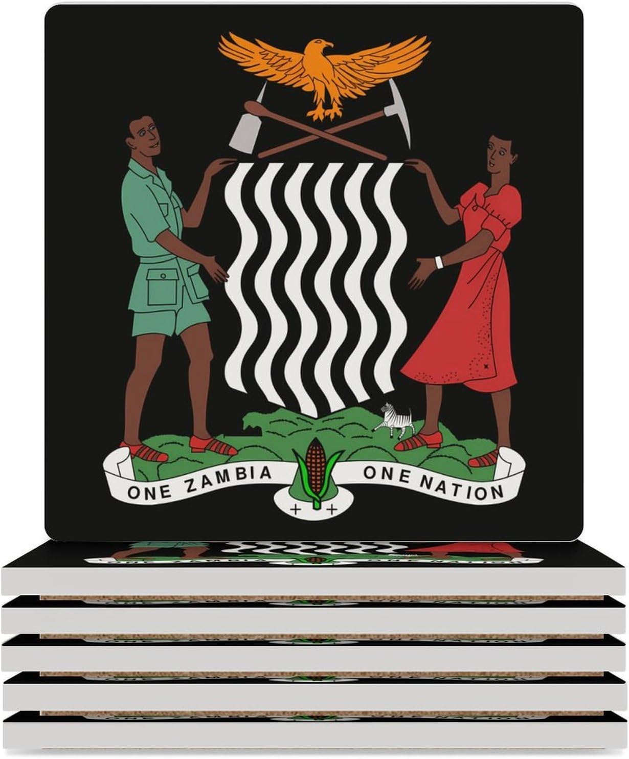 Coat of Arms of Zambia Funny Ceramic Coasters for Drinks Absorbent Cup Holder Tabletop Protector with Cork Base