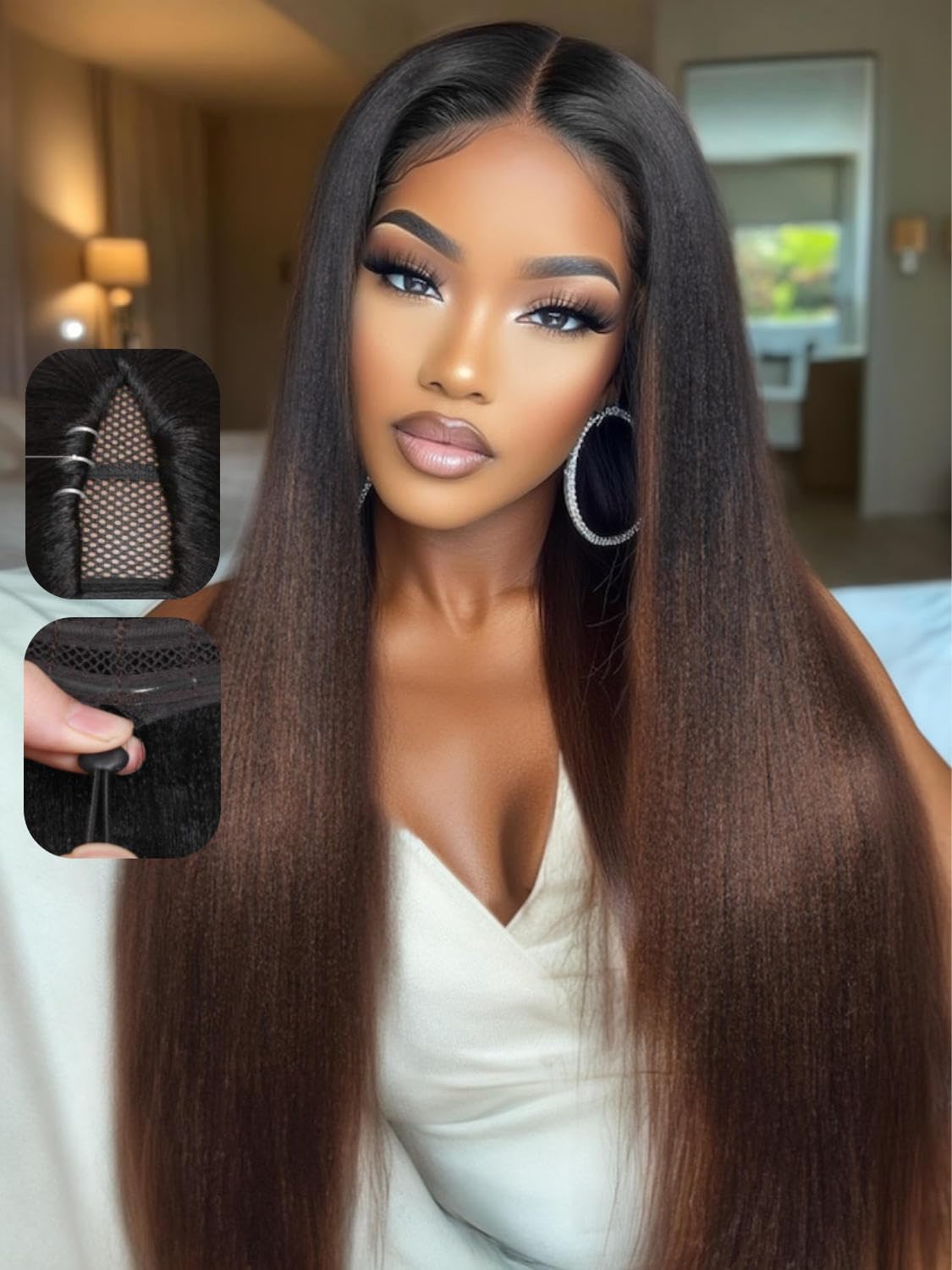 Beauty Forever EasiContour V Part Wig Human Hair Yaki Straight Glueless Wigs Human Hair Black to Chestnut Brown Clip in Vpart Wig No Leave Out Upgrade U Part Wig Beginner Friendly 180% Density 18 inch