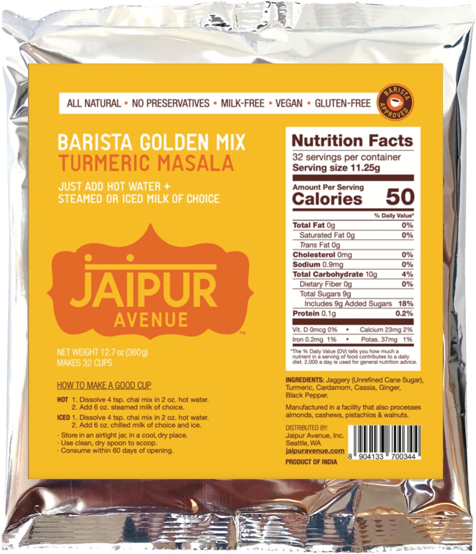 Jaipur Avenue Barista Golden Mix - Turmeric Masala (without Milk) - Vegan, Preservative-Free, Gluten-Free, Dairy- Free, and Authentic Turmeric Masala Chai Tea Latte - 12.7 oz, Makes 32 Cups