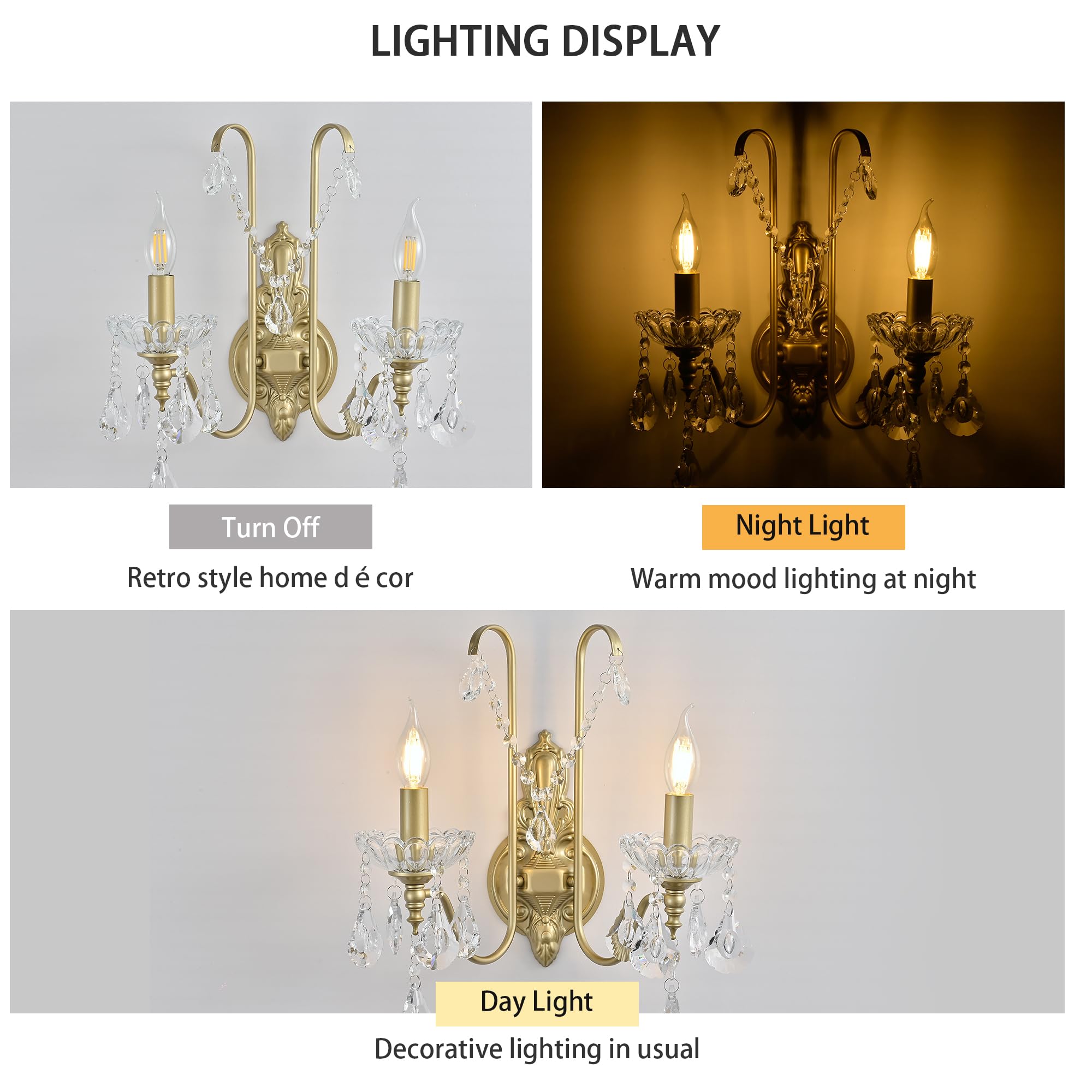 Ganeed Crystal Wall Lights Antique Retro Vintage French Style Rustic Indoor Wall Lamps for Hallway Porch Landing Foyer 2 Light E14 Champagne Gold (1 Pack) - Image 4