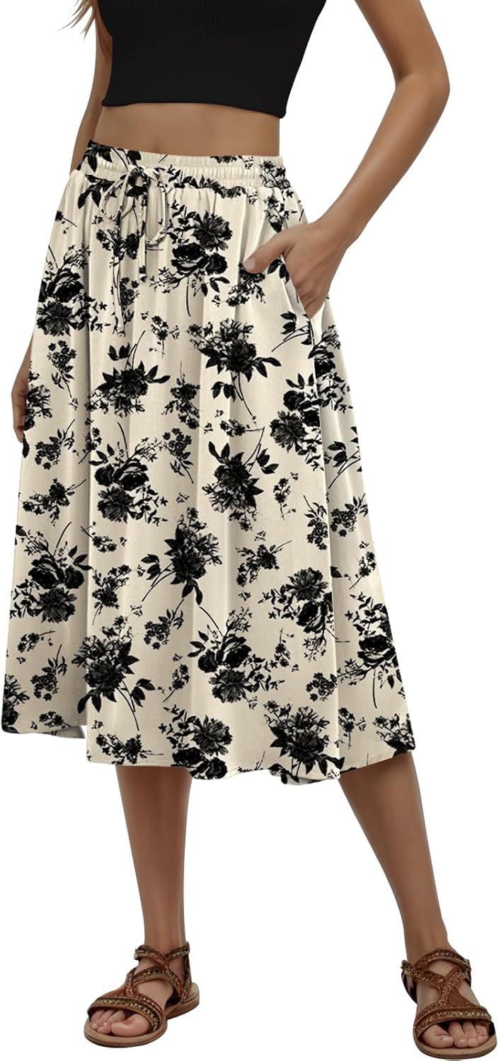 Women's Midi Skirt Summer Pleated Flowy Elastic High Waisted Skirts with Pockets