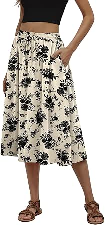 Women's Midi Pleated Flowy Elastic High Waisted Skirt with Pockets