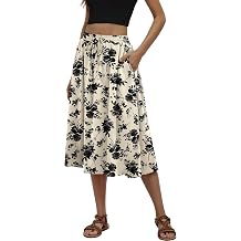 MLXSJ Womens Midi Skirt Summer Pleated Flowy Elastic High Waisted Skirts with Pockets