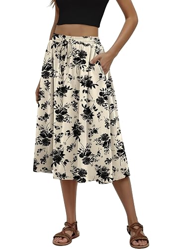 MLXSJ Women's Midi Skirt Summer Pleated Flowy Skirts with Pockets