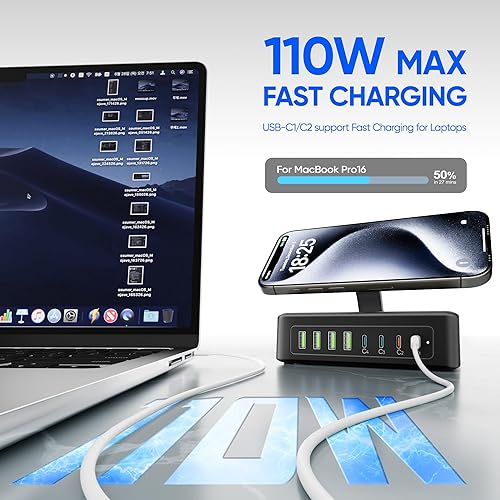 Miniatura 4 de Estación de carga 11 en 1, tira de alimentación USB-C, bloque de cargador USB C de 300 W, 2 salidas AC, 8 puertos USB (4USB-C), protector de