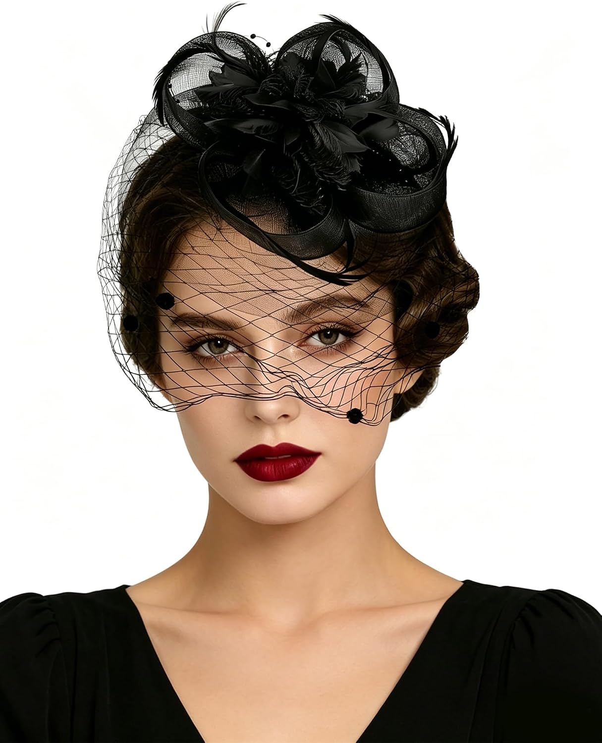 Fascinators Hats for Women Tea Party Hat Feather Mesh Headband Veil Hair Clip Cocktail Wedding
