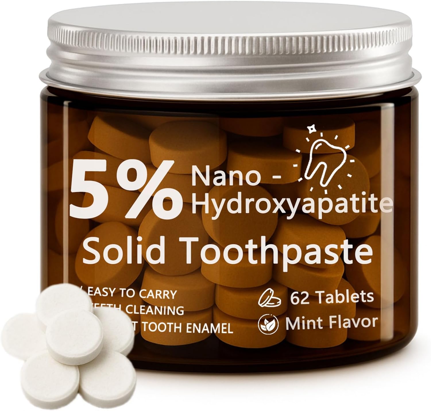 Solid Toothpaste - 5% Nano-Hydroxyapatite Toothpaste Tablets, Fluoride-Free HydroxyapatiteToothpaste for Sensitive Teeth & Whitening | Mint Flavor (62 Tablets)