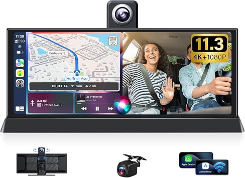 11.26 4K Carplay Screen for Car Tablet Pro Max 2026 with 350 Rotatable Lens Wireless Apple Carplay Android Auto Screen 4K Dash Cam Bluetooth GPS Navigation Voice Control Unique Bracket WiFi