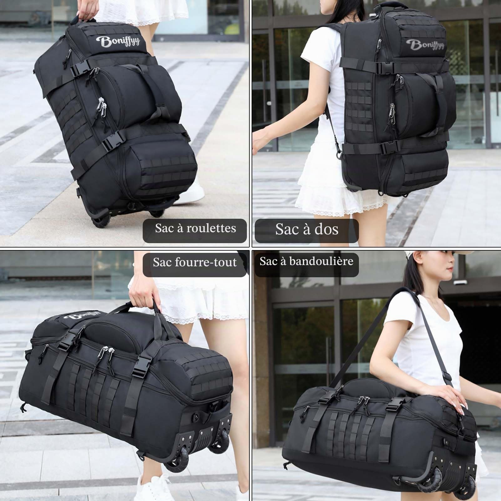 70L Sac de Voyage Roulette Tissu Valise Souple Grand Sac de Sport Homme Femme Impermeable Sacs a Dos Travel Bag Pliable Trekking Cabine Fitness Sport Duffle Bag (Noir)