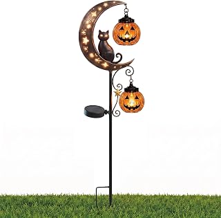 Solar Halloween Black Cat & Pumpkin Moon Garden Stake Light, Jack-o'-Lantern Lantern Solar Outdoor Waterproof LED Yard Decoration with Crescent Moon, for Garden, Patio (Style C)