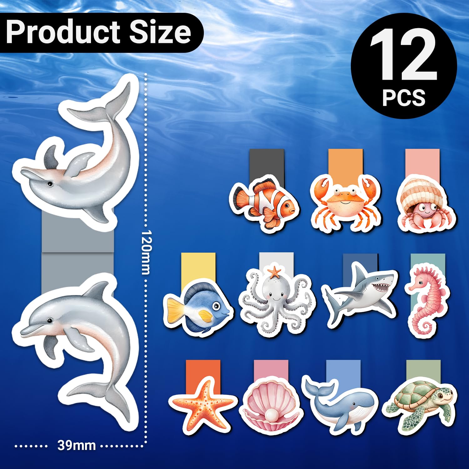 Pack of 12 Magnetic Bookmarks, Tixlux Magnetic Bookmarks with Charming Ocean Animals for Children Teachers, Students - Image 2
