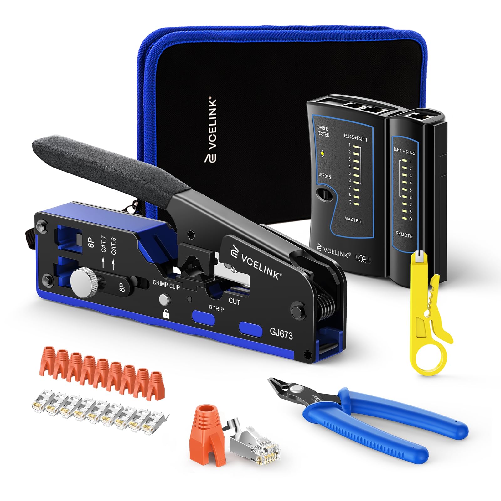 VCELINK Set di strumenti di rete, pinza crimpatrice RJ45 con 10 connettori RJ45 placcati in oro Cat7 Pass Through, tester di rete, pinza spelafili, installazione di rete professionale, strumenti di