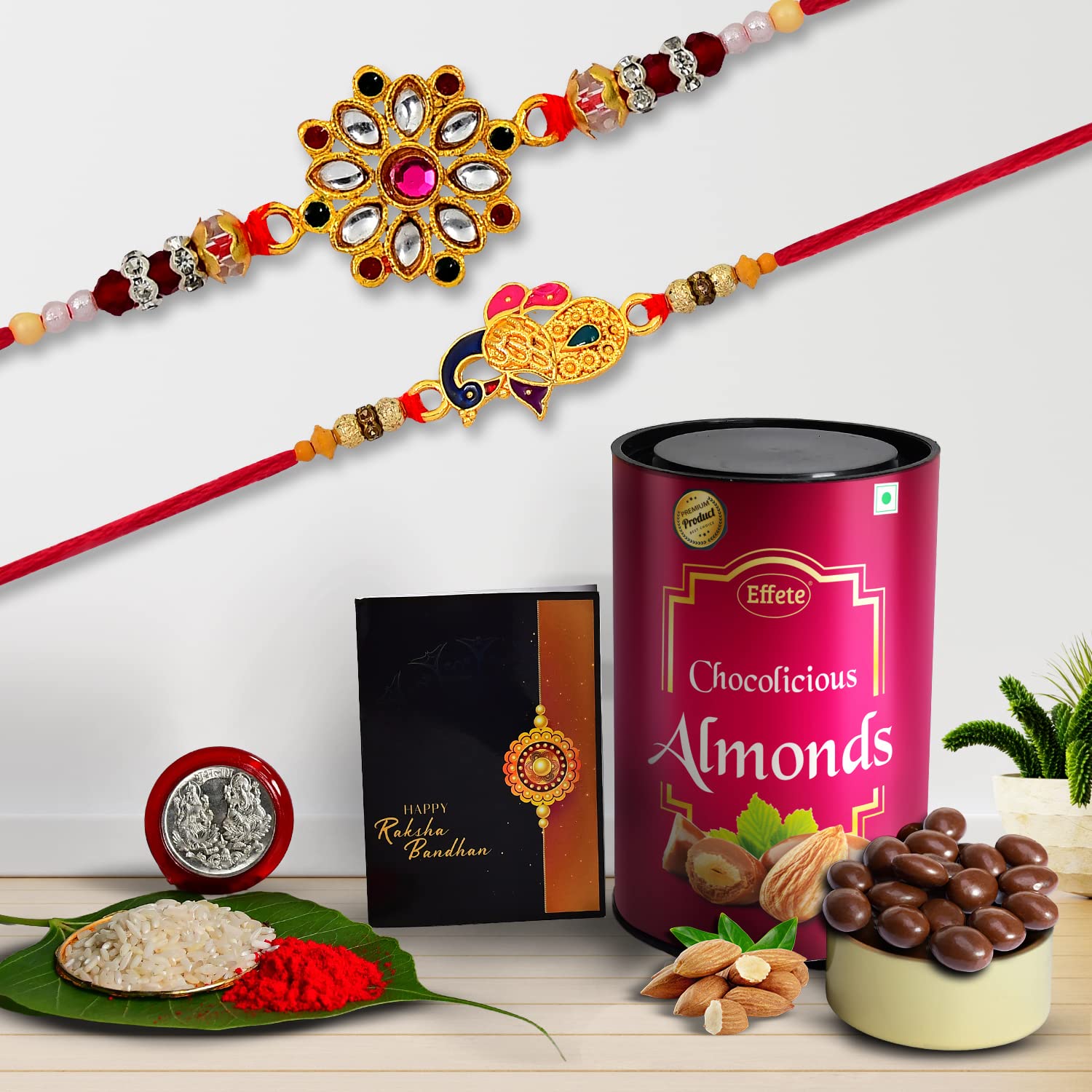 DeoDap (K2_357+353_CA) Multicolor Rakhi Combo & Effete Chocolate Almonds 96gm with Silver Color Pooja Coin, Roli Chawal & Greeting Card | Occasion | Rakhi & Chocolate for brother | bracelets for men stylish | rakhi with gift | Rakhi Combo | Set of 2 Rakhi | Rakhi Chocolate Gift combo | K2_357+353_CA |-image-32