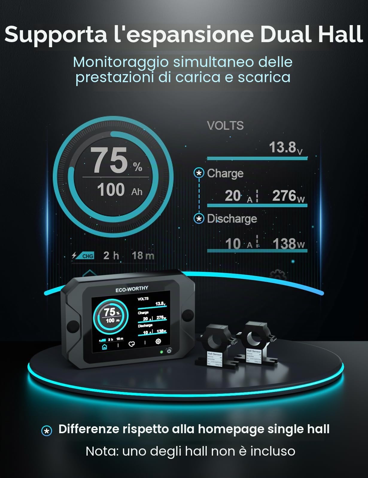 ECO-WORTHY Monitor della batteria 300 A 12V/24V/36V/48V display touchable allarme 9-80V LiFePO4 gel camper impianti solari