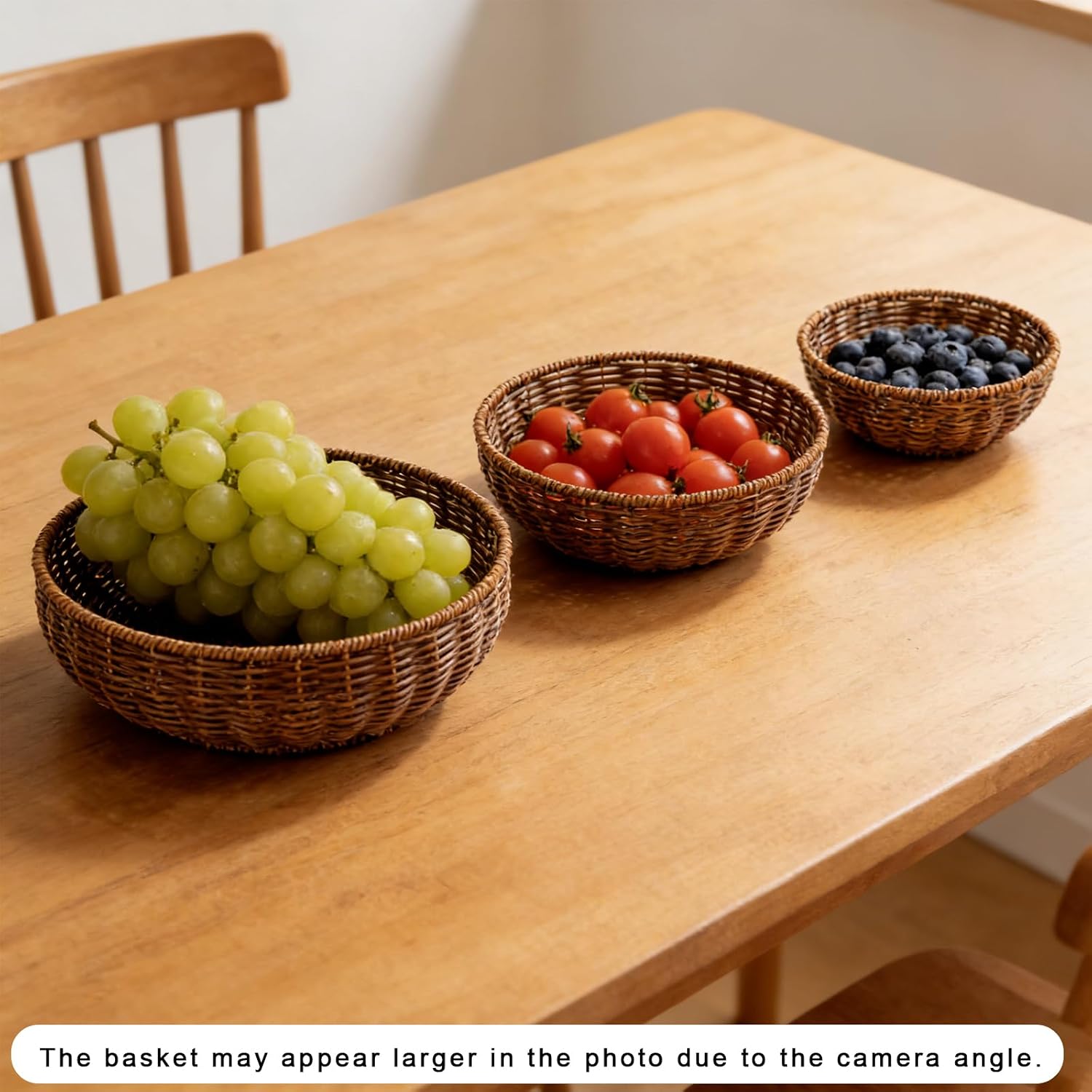 Set of 3 Small Round Wicker Baskets, Fruit Bread Baskets for Serving, Handwoven Rattan Bowl Storage Organizer for Kitchen Brown