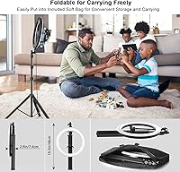 Vista 4 de Anillo de luz grande de 12 pulgadas con soporte y soporte para teléfono, soporte de trípode ajustable de 66 pulgadas con bolsa de transporte