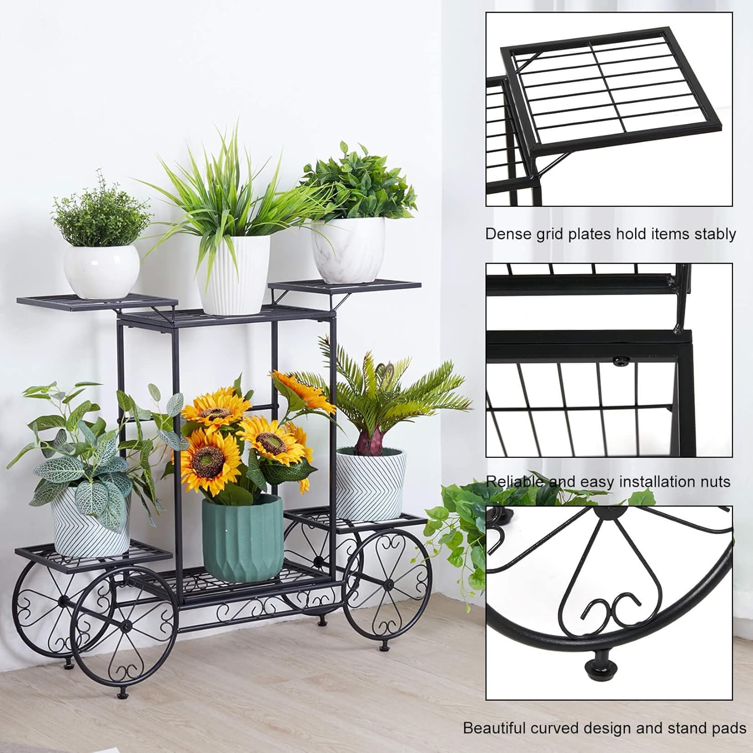 unho Metal Plant Stand Indoor: 6 Tier Garden Cart Flower Planter Pot Holder Parisian Style Wrought Iron Display Shelf Rack Decorating Garden Home Patio Condo Porch
