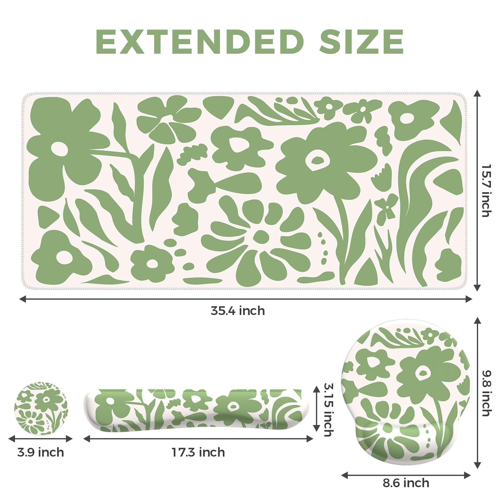 iCasso Tapis de Bureau 4 en 1 à Motif Floral avec Repose-Poignet, Tapis de Souris Ergonomique antidérapant XXL pour Ordinateur Grand Ordinateur avec Support de Poignet pour Clavier et Souris (Vert)