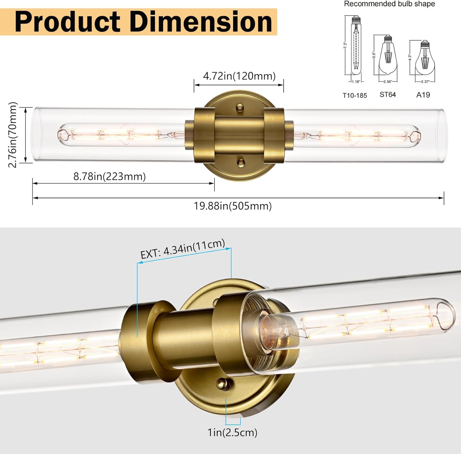 Modern 2-Light Gold Wall Sconce with Clear Glass Shade 20-Inch Brass Glass Bathroom Wall Light Fixtures for Hallway Staircase Living Room