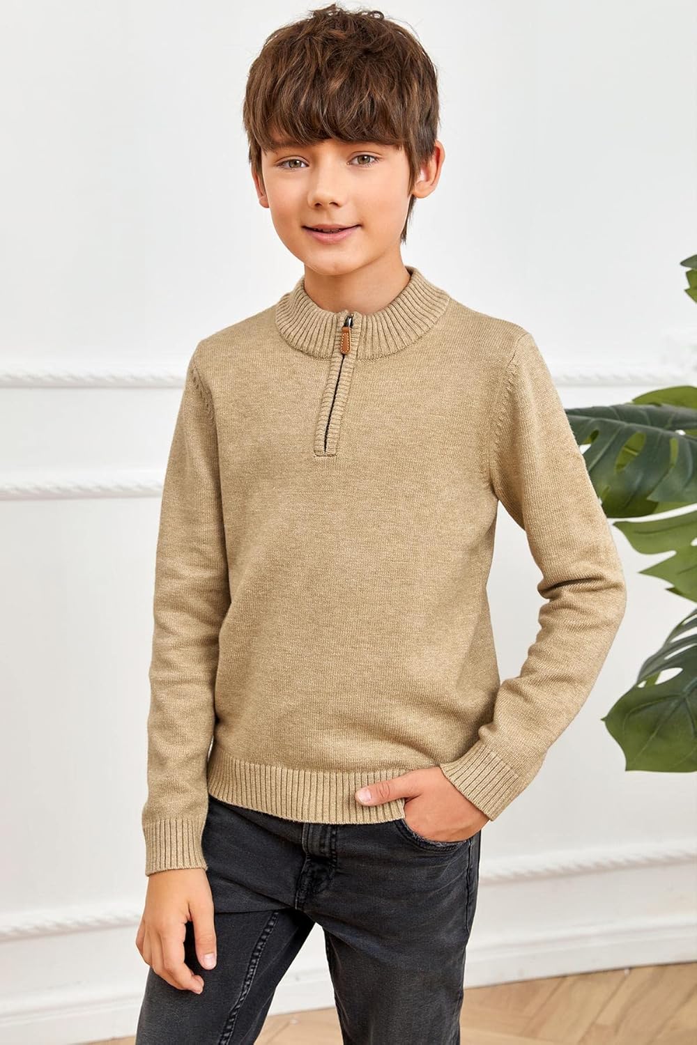 GAMISOTE Boys Sweater Quarter Zip Up Chunky Knit Mock Neck Warm Pullver Kids Knitwear - Image 3