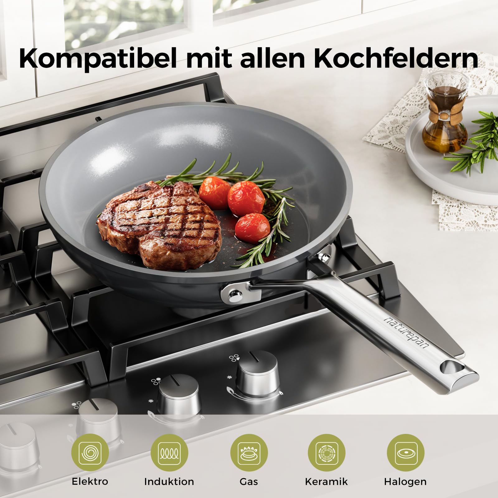 Pfannenset Keramik Induktion (20+24+28cm), DiamondTitan-Keramikbeschichtung, Antihaft Bratpfanne mit Edelstahlgriff, PTFE-frei PFAS-frei PFOA-frei, Backofenfest, spülmaschinenfest (Grau)