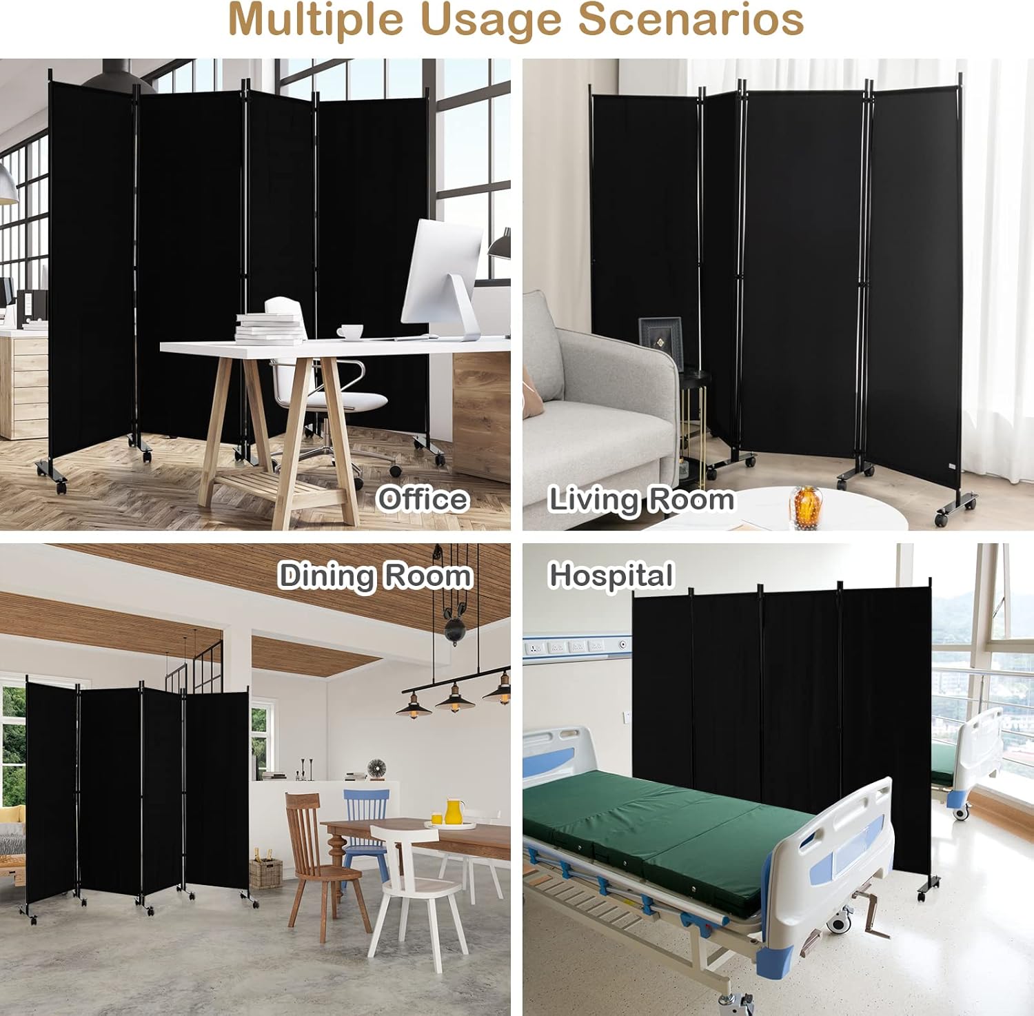 LDAILY 4 Panels Folding Room Divider, 6FT Tall Fabric Privacy Screen w/Metal Frame, Freestanding Partition Wall Divider w/Rolling Wheels for Bedroom, Dining Room, Office, Hospital (Black, 4-Panel)