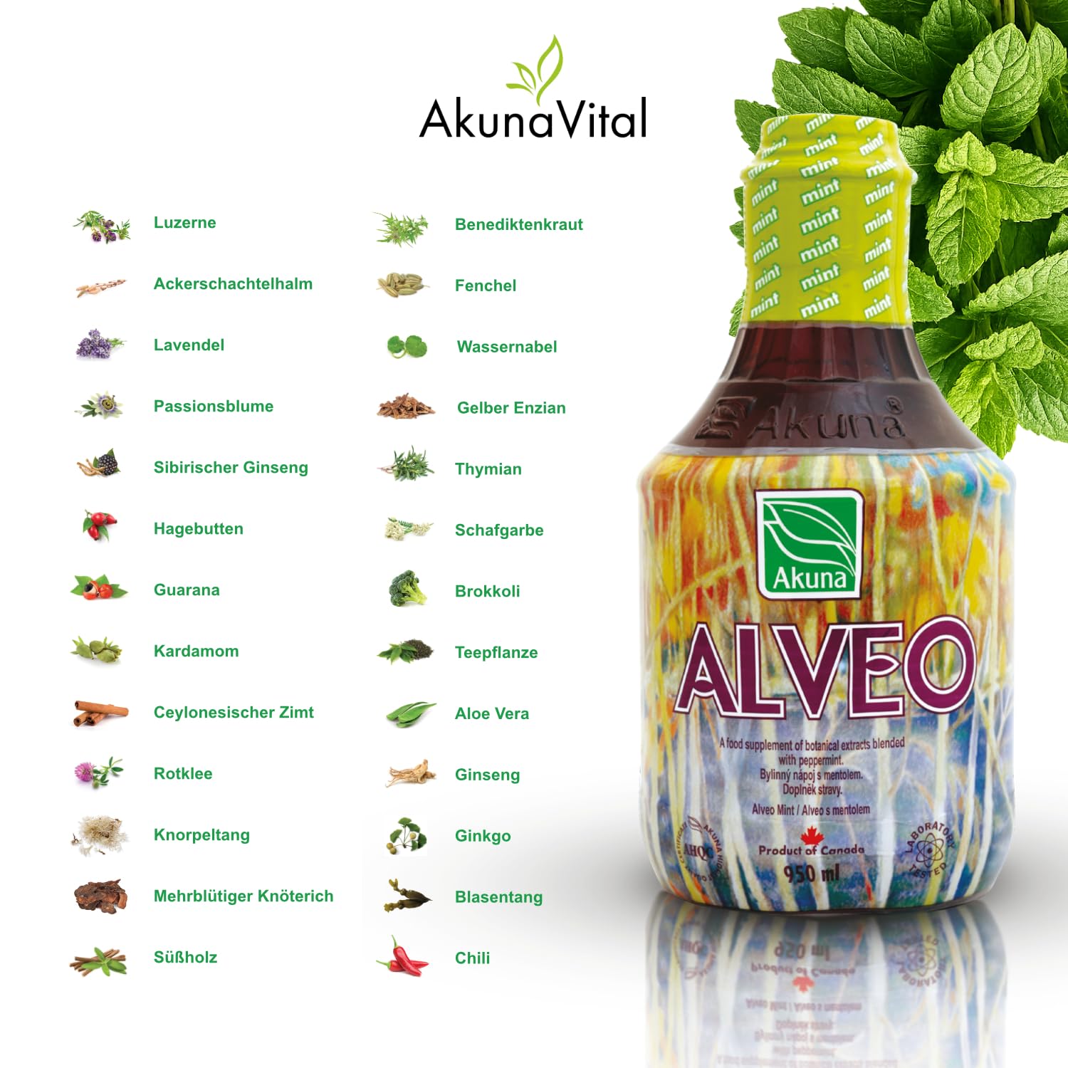 Alveo Mint, Nahrungsergänzungsmittel mit Pfefferminz, 950 ml