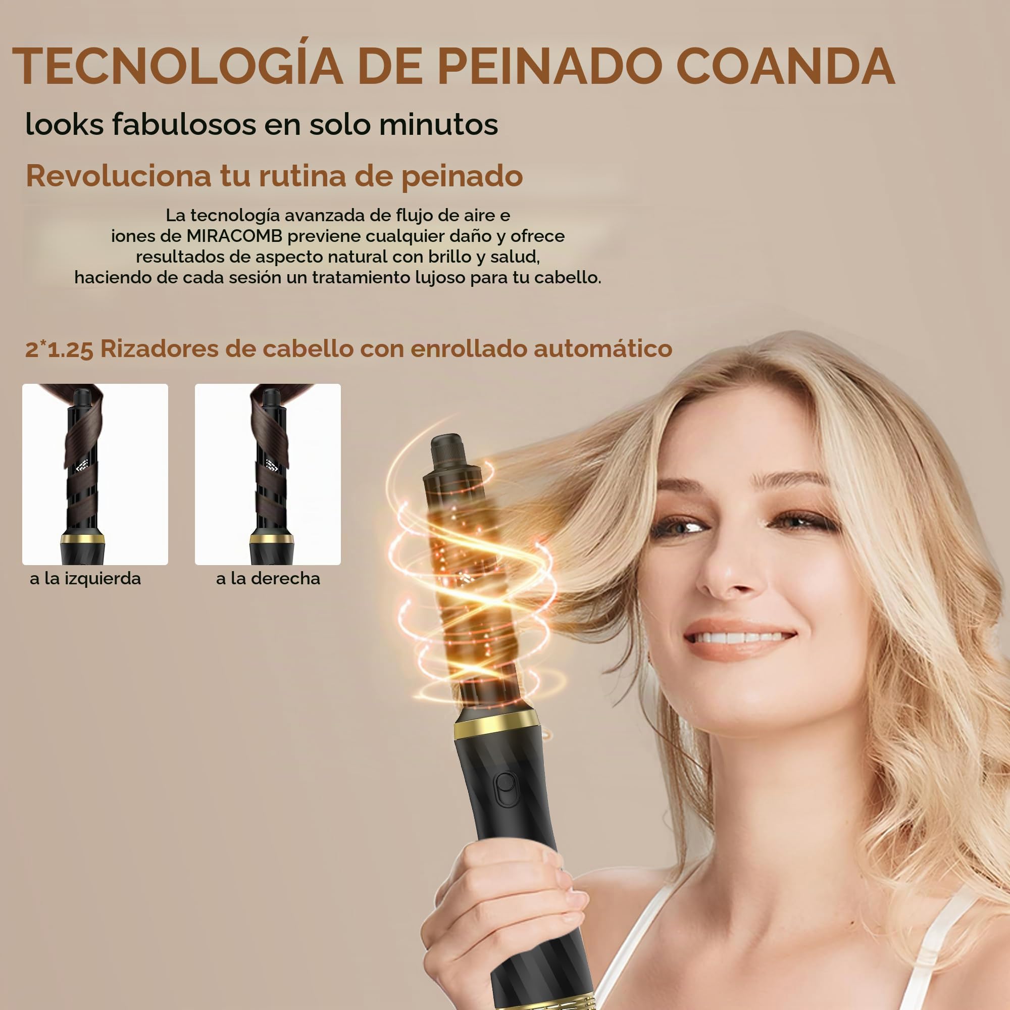 Secador de Pelo Profesional - 6 en 1 Cepillo de Aire Caliente con Rizador Automático, Thermal Brush, Secado Rápido, Moldeador Pelo Voluminizador para Rizador Alisar Volumen (Negro)