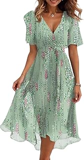 Dresses for Women 2025 Elegant Classy Boho Floral V Neck Belted Summer Sundress Wedding Guest Prom Cocktail Midi Dress - Buy now