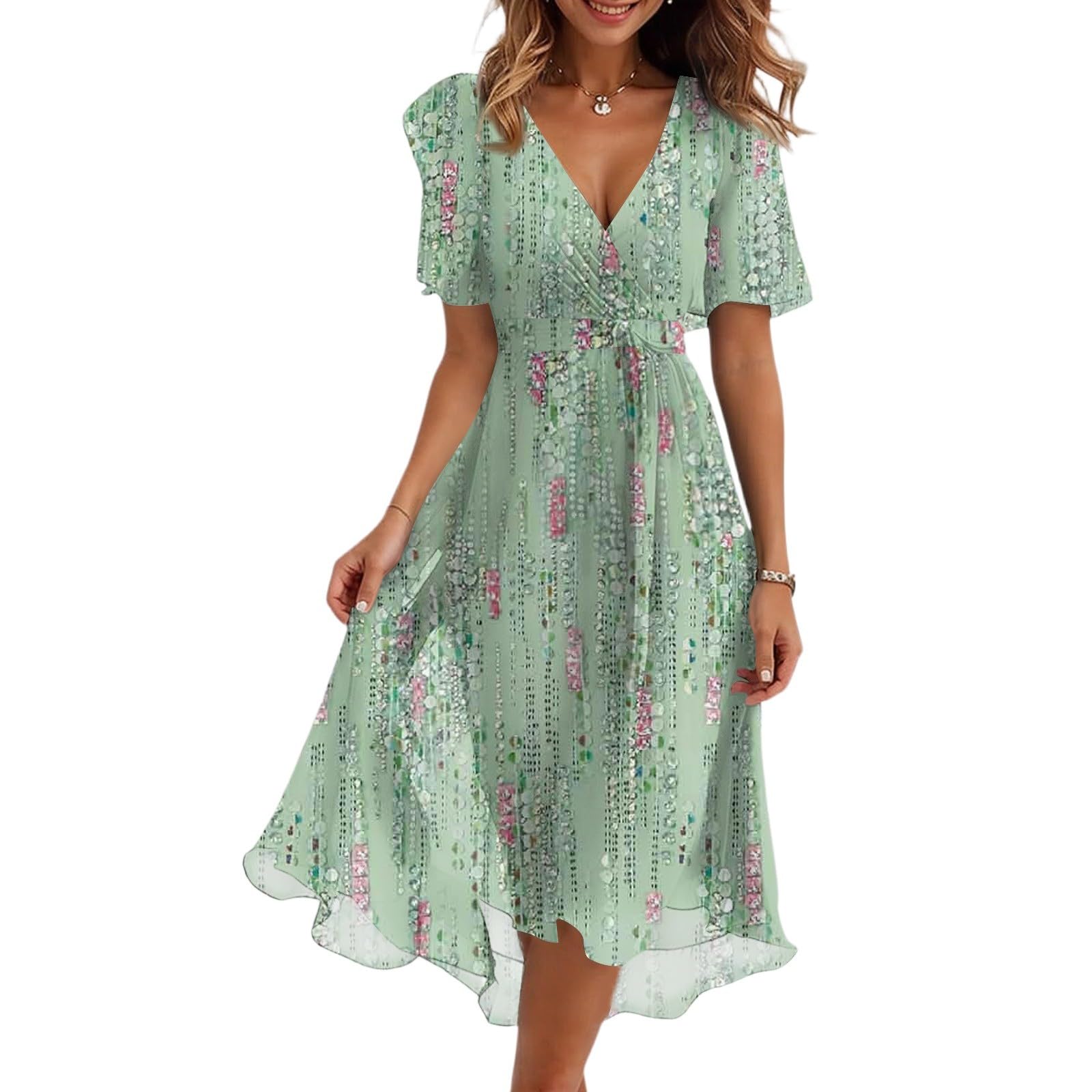 Dresses for Women 2025 Elegant Classy Boho Floral V Neck Belted Summer Sundress Wedding Guest Prom Cocktail Midi Dress
