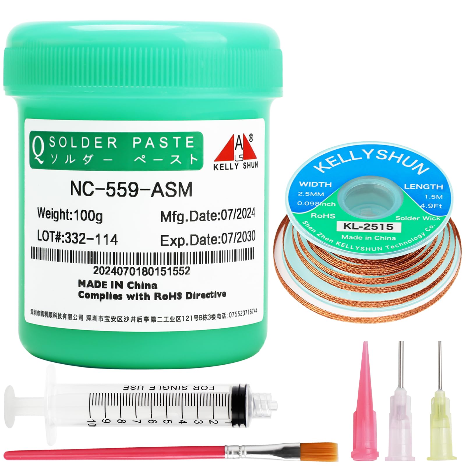 KELLYSHUN NC-559 Flussmittel Löten,100g No-Clean Bleifreies Kolophonium Flussmittel(1 Stück)2.5MM/1.5M Entlötlitze(1 Stück) Geeignet Für SMD,BGA,PCB,Haushaltsgerätereparaturen