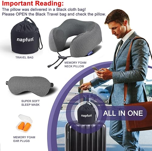 Miniatura 6 de napfun Almohada de viaje, 100% espuma viscoelástica pura, almohadas para el cuello para viajes, reposacabezas de avión, accesorios de avión de