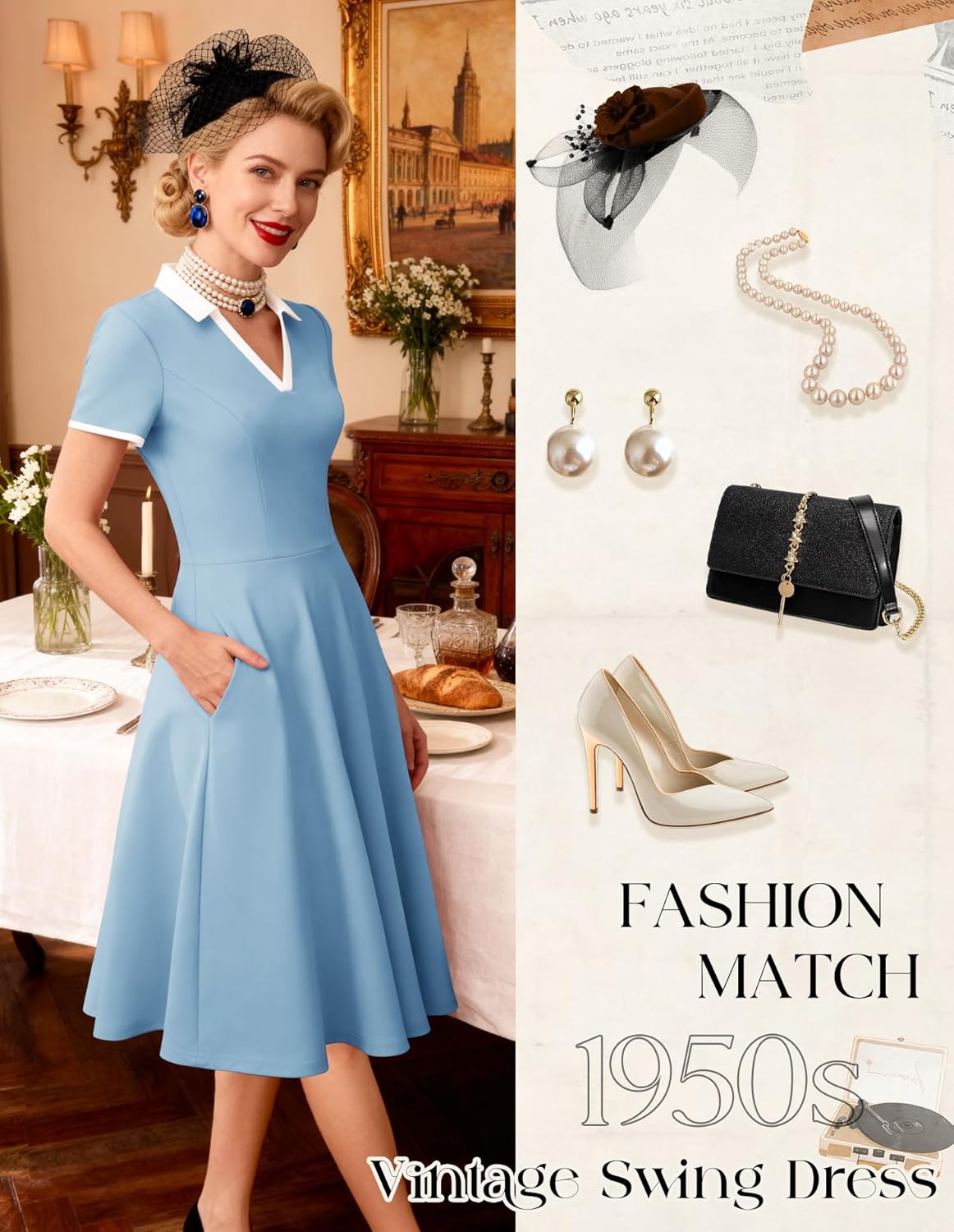 Dressystar Women V Neck 1950s Vintage Short Sleeves Dress Retro A Line Swing Rockabilly Cocktail Party Dresses with Pockets - Image 5