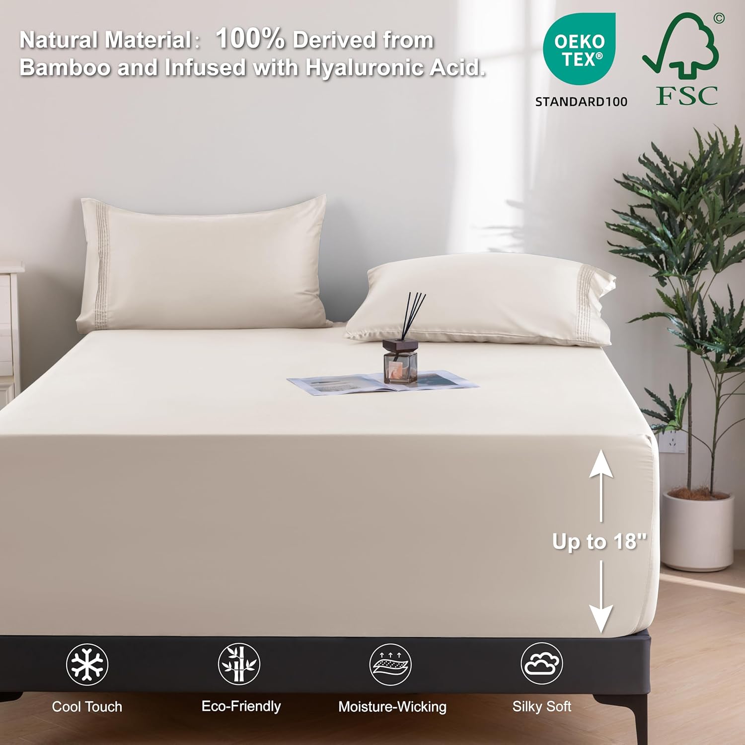 Queen Sheet Set, Cooling Sheets for Queen Size Bed Set, 100% Viscose Derived from Bamboo, Breathable & Soft Deep Pocket Up to 18", Hotel Luxury Silky Bedding for Hot Sleepers, (Ivory)