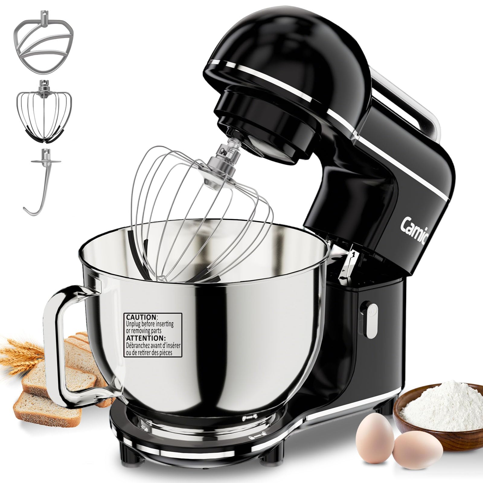 Camic Küchenmaschine - 2000W - Teigmaschine 10 Stufen mit Tragegriff, Edelstahl Rührschüssel (7L), Knetmaschine mit Rührhaken, Knethaken, Schlagbesen und Spritzschutz