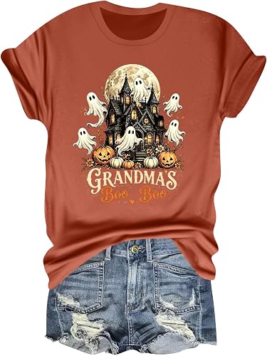 Halloween Tees for Women Grandmas Boo Boo T Shirt Cute Ghost Top Green