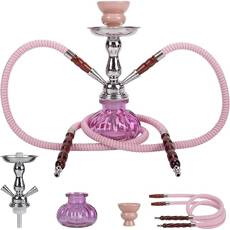 11" Premium 2 Hose Hookah Complete Set - Mini Pumpkin Hookah Shisha Glass Vase (Pink)
