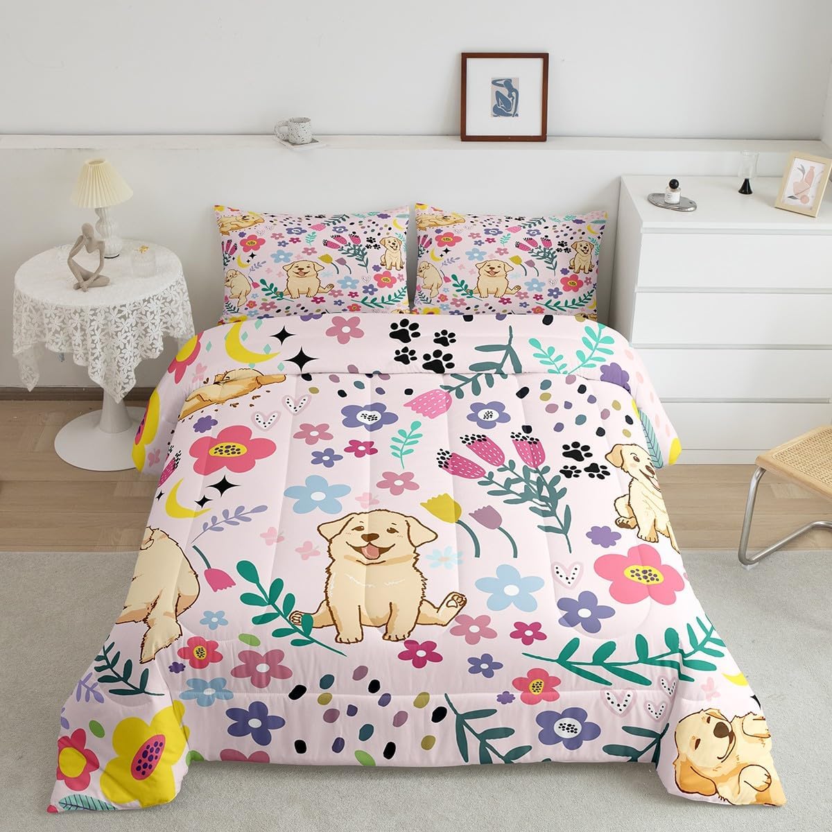 Erosebridal Floral Dog Comforter for Boys Girls Queen Pink Dog Bedding Set Cartoon Animal Comforter Sets,Cute Botanical Golden Retriever Puppy Bed Sets with 2 Pillowcases Soft