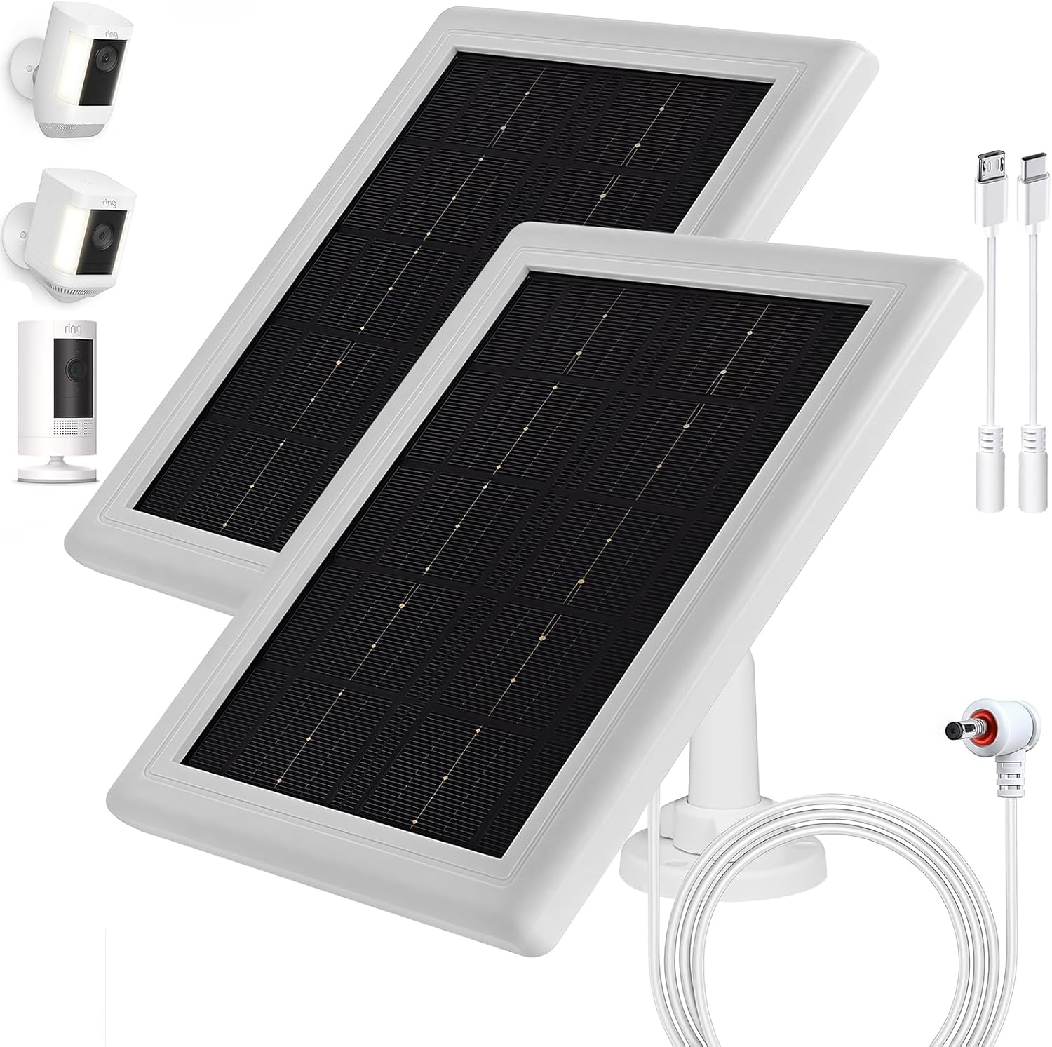 Ring Camera Solar Panel Charger,5W Solar Charger Compatible with Ring Spotlight Cam Stick Up Cam Battery Outdoor Wireless Surveillance Camera, 16.4ft Cable (White, 2 Pack)