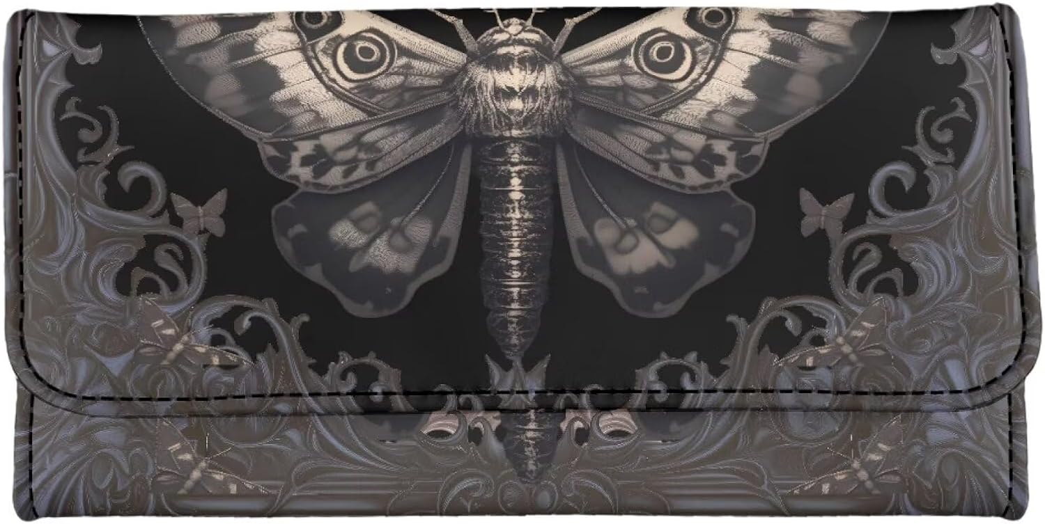 Goth Moth Purse Black PU Leather Slim Wallet for Women, Gothic Floral Long Trifold Clutch Checkbook Wallets with Zipper Pocket, Vintage Victorian Purse Credit Card Holder - Image 4