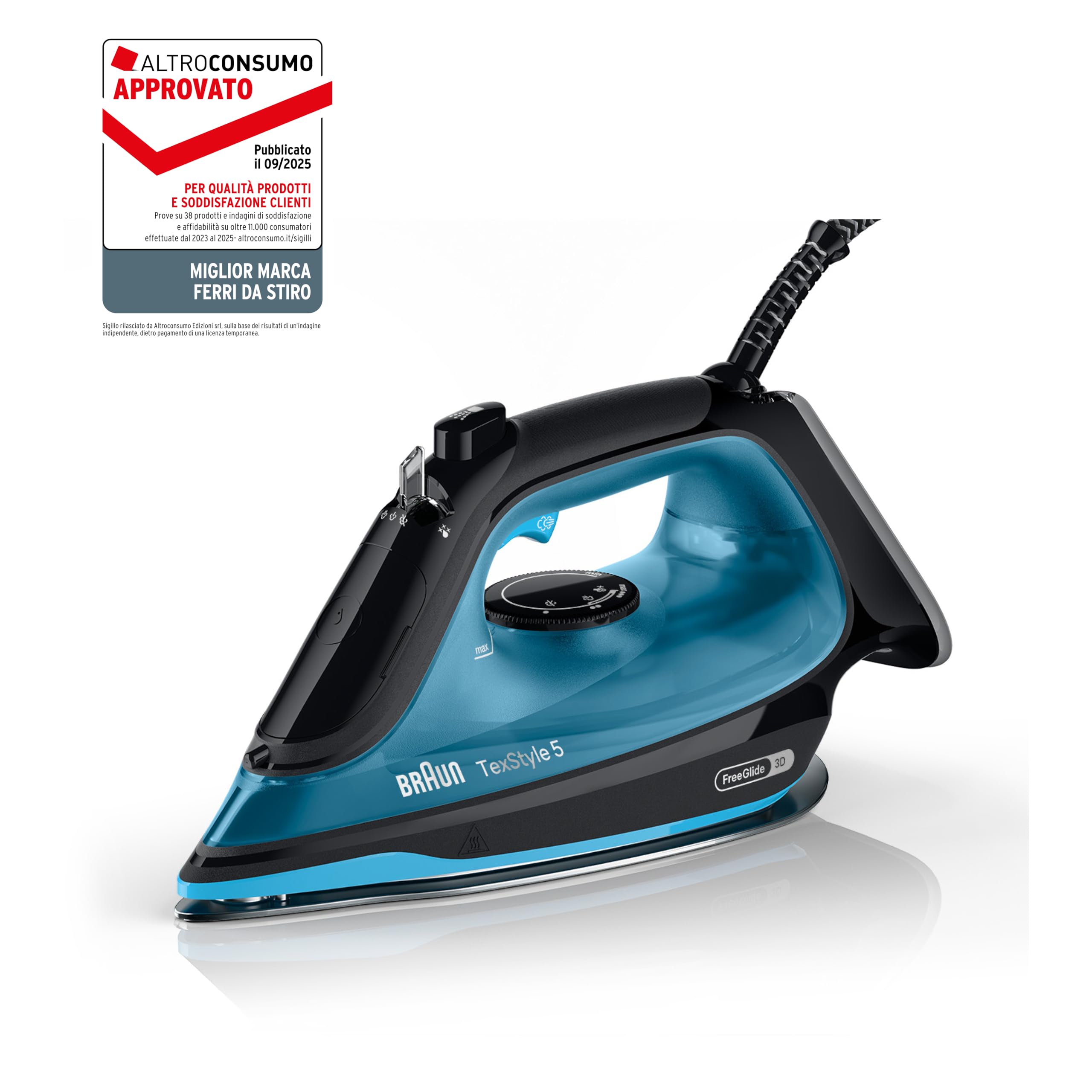 Braun TexStyle 5 SI5256BL, Ferro da Stiro con Piastra FreeGlide 3D SuperCeramic, Punta di Precisione, Manico Aperto Ergonomico, Ricarica 300ml, Sistema Antigoccia, Colpo Vapore 210 g/min, 2600W, Blu