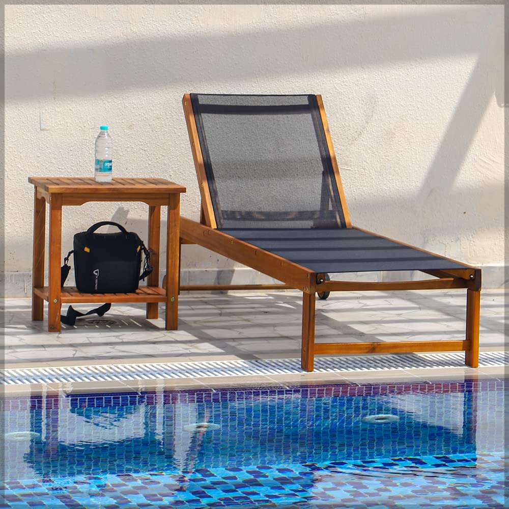 Yatai Decor Solid Acacia Wood Sun Lounger With Tyres Outdoor Adjustable Recliner Patio Chairs For Poolside Garden Furniture Outdoor Seating Sun Bed Chair Chaise Lounge Sofa Relaxing Beach Chair