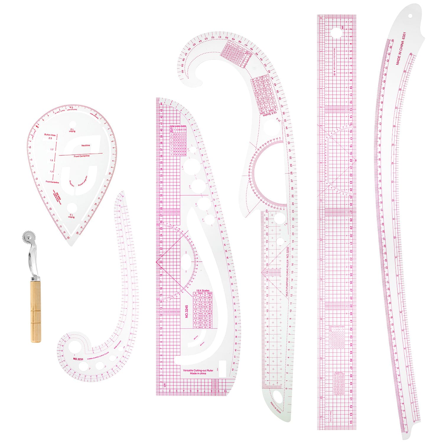 Qwork Pink Qwork® 7 Pieces Curve Sewing Rulers Set, Curve Shaped Ruler, Sewing Accessories, For Designers, Pattern Makers, Tailors