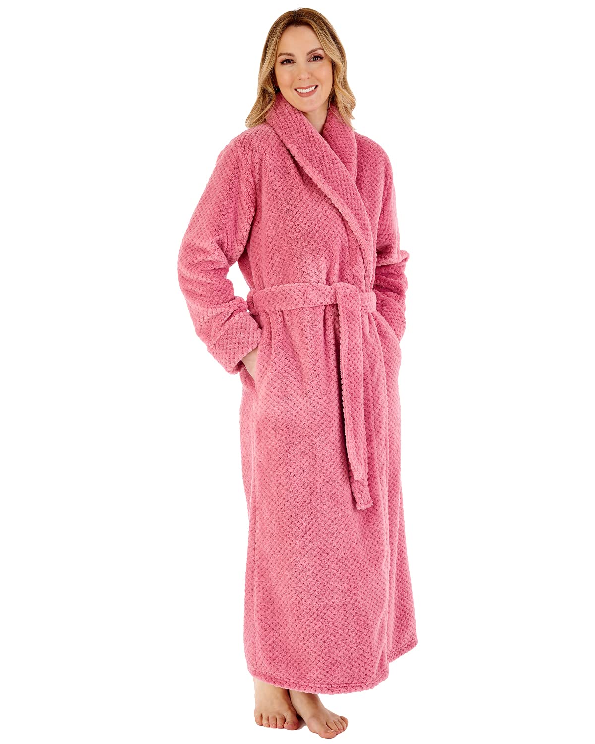 Slenderella Ladies Shawl Collar Wrap Dressing Gown Waffle Fleece Long Bath Robe Medium (Pink)