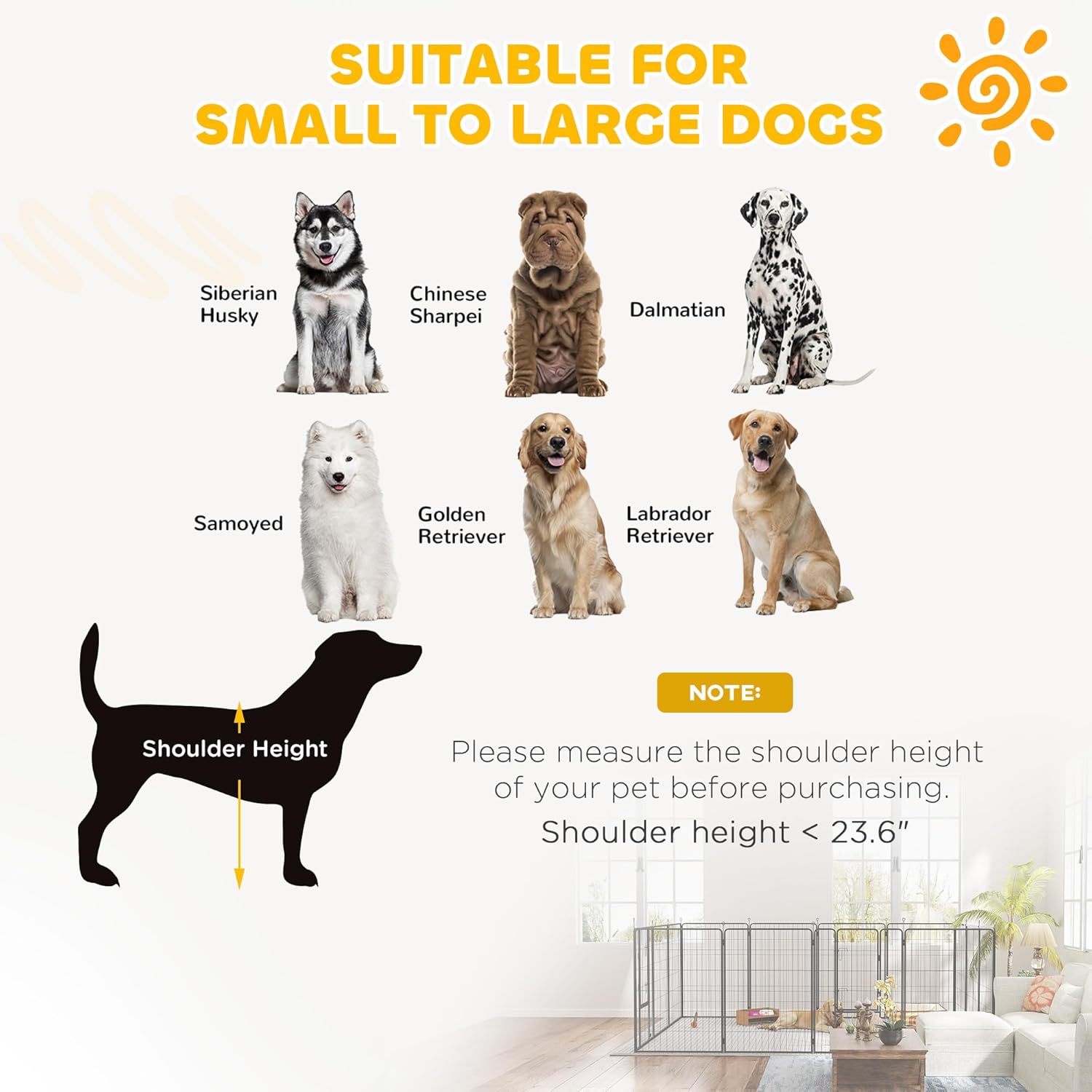 Diagram showing various dog breeds and a note about suitable shoulder height for the playpen.