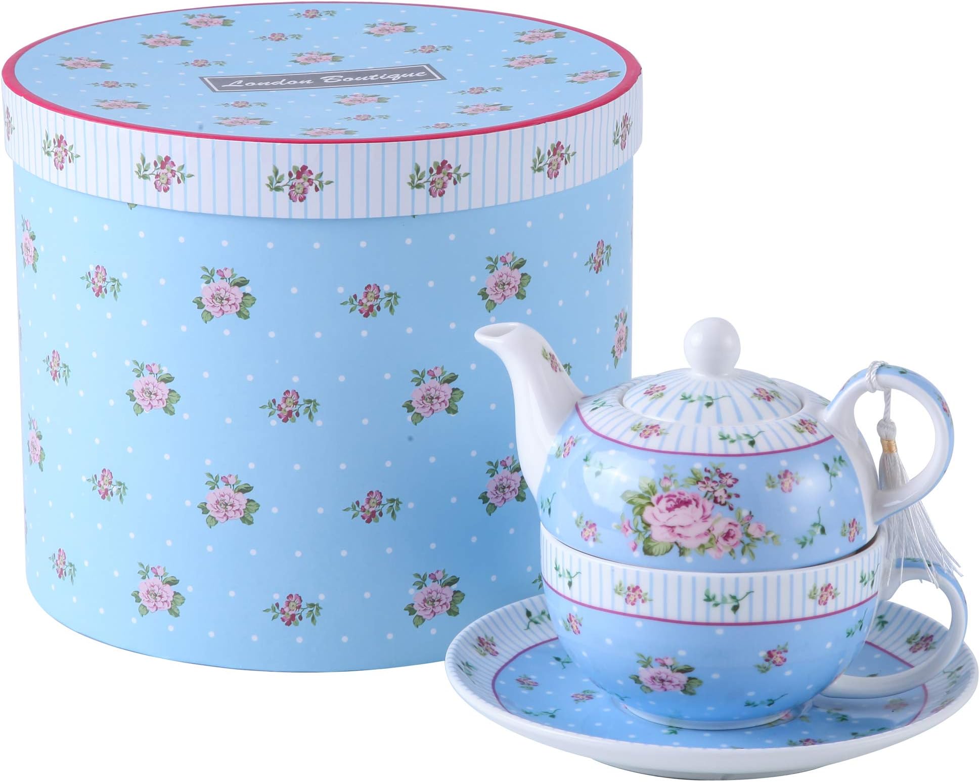Tea for One, Teapot Tea cup Saucer Set Gifts for Women Afternoon Tea Set for 1 Vintage Rose Flora Porcelain Gift for Her (Rose Blue)