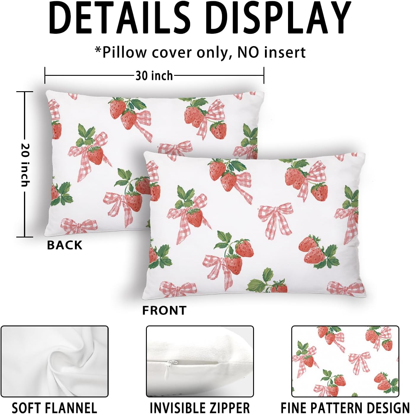 Summer Coquette Bow Strawberry 20x30 Sleep Pillow Covers Cases Queen Size for Sleeping Bed Zippered,Summer Strawberry Coquette Girls Bedroom Dorm Room Apartment Decor,Double-Sided (1 Pack)