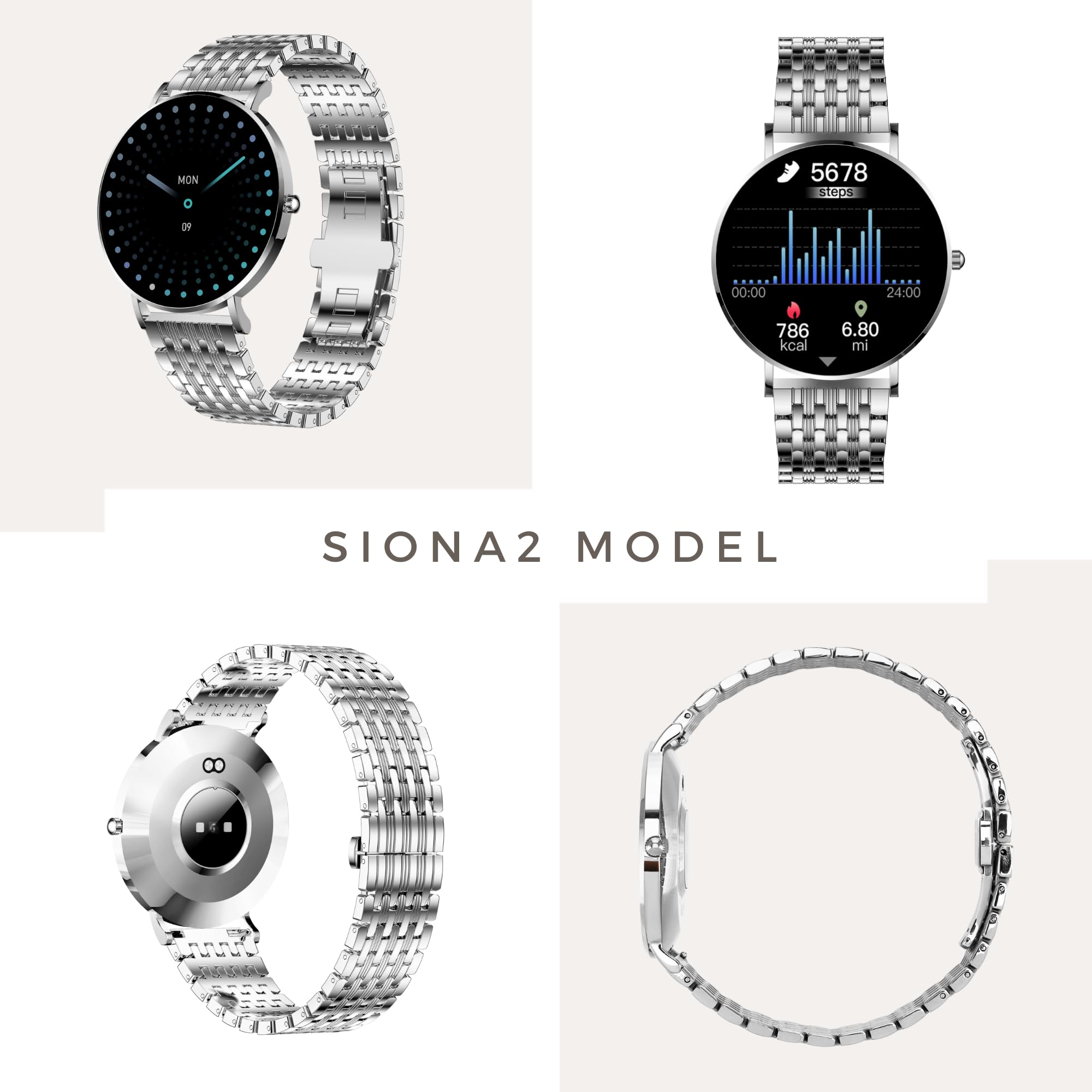 XCOAST SIONA 2 Elegance Silver - Reloj inteligente para mujer, pantalla Amoled de 1,3 pulgadas, iOS y Android, resistente al agua, ultraplano, pulso, presión arterial, oxígeno en sangre, deporte