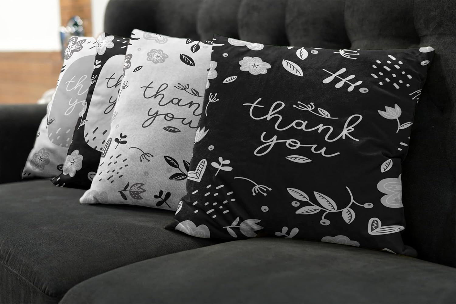 Ambesonne Thank You Throw Pillow Cushion Case Pack of 4, Modern Hand Written Curlicue Lettering Sketchy Spring Floral Berries, Modern Accent Double-Sided Printing, 20" x 12", Charcoal Grey and White