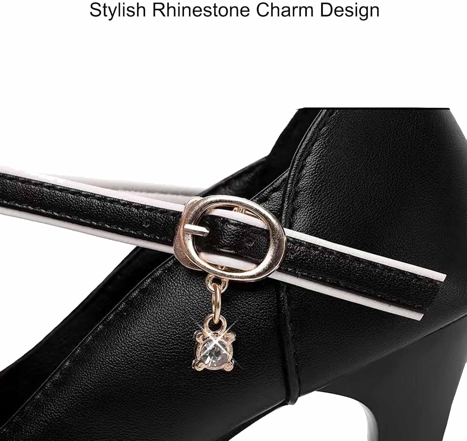 Women's PU Printed Rhinestone T-Strap Pumps Fashion Pointed Toe Elegant Mary Jane Block Heels Dress Shoes for Party Work Weddings